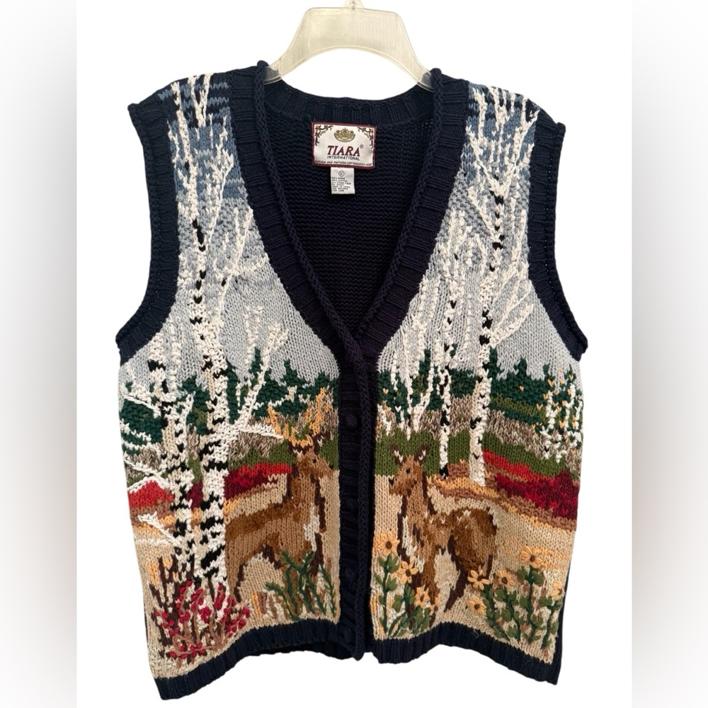 Vintage 90’s Tiara Fall Woodland Deer Themed V-Neck Button Down Large